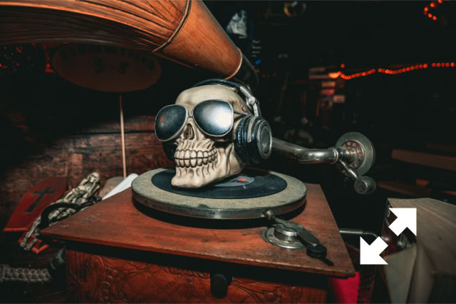 Totenkopf mit Kopfhörer auf Grammophon Deko im Schabreu